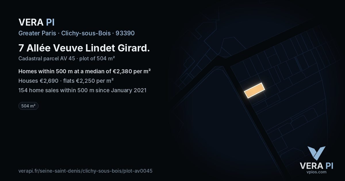 7 Allée Veuve Lindet Girard, Clichy-sous-Bois at night – the plot lit, the parcels around coloured by the prices near them