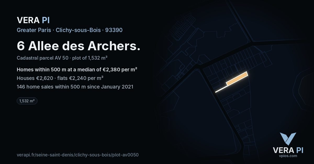 6 Allee des Archers, Clichy-sous-Bois at night – the plot lit, the parcels around coloured by the prices near them