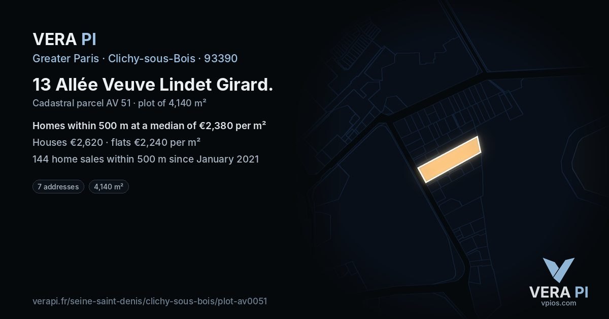 13 Allée Veuve Lindet Girard, Clichy-sous-Bois at night – the plot lit, the parcels around coloured by the prices near them