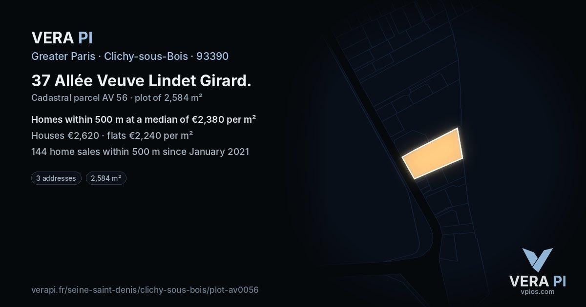 37 Allée Veuve Lindet Girard, Clichy-sous-Bois at night – the plot lit, the parcels around coloured by the prices near them