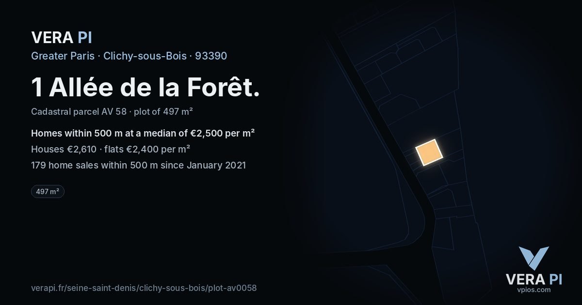 1 Allée de la Forêt, Clichy-sous-Bois at night – the plot lit, the parcels around coloured by the prices near them