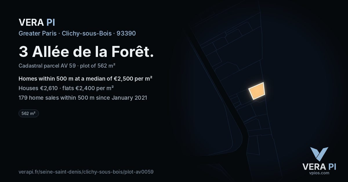 3 Allée de la Forêt, Clichy-sous-Bois at night – the plot lit, the parcels around coloured by the prices near them