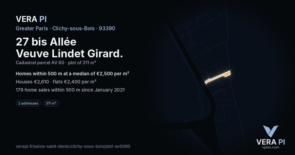 27 bis Allée Veuve Lindet Girard, Clichy-sous-Bois at night – the plot lit, the parcels around coloured by the prices near them