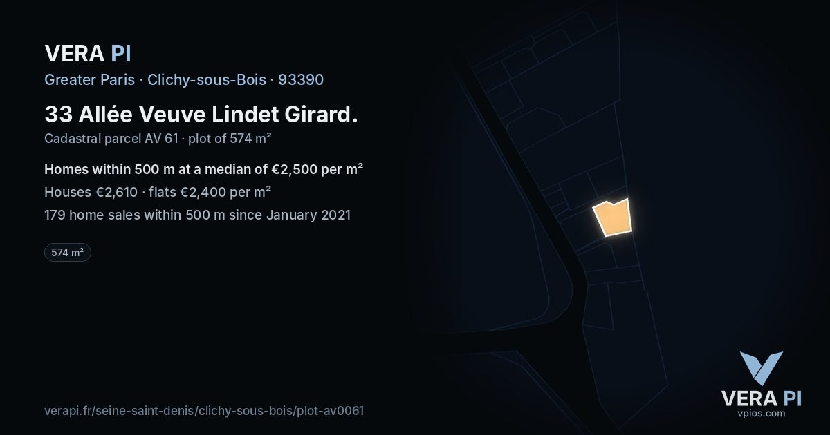 33 Allée Veuve Lindet Girard, Clichy-sous-Bois at night – the plot lit, the parcels around coloured by the prices near them
