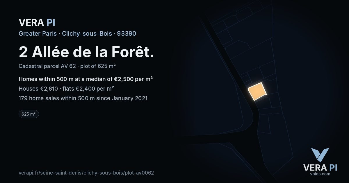 2 Allée de la Forêt, Clichy-sous-Bois at night – the plot lit, the parcels around coloured by the prices near them