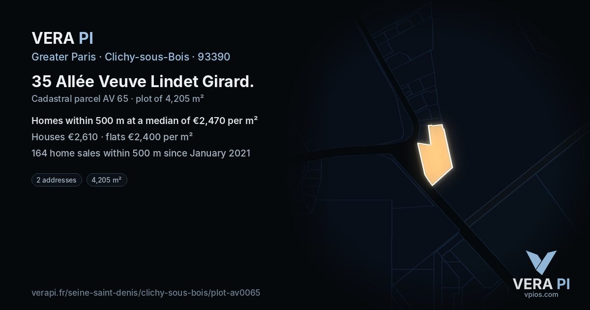 35 Allée Veuve Lindet Girard, Clichy-sous-Bois at night – the plot lit, the parcels around coloured by the prices near them