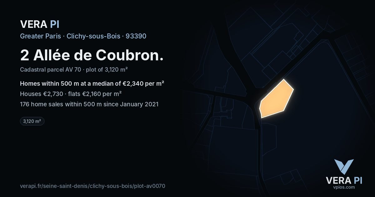 2 Allée de Coubron, Clichy-sous-Bois at night – the plot lit, the parcels around coloured by the prices near them