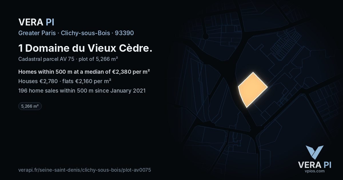 1 Domaine du Vieux Cèdre, Clichy-sous-Bois at night – the plot lit, the parcels around coloured by the prices near them