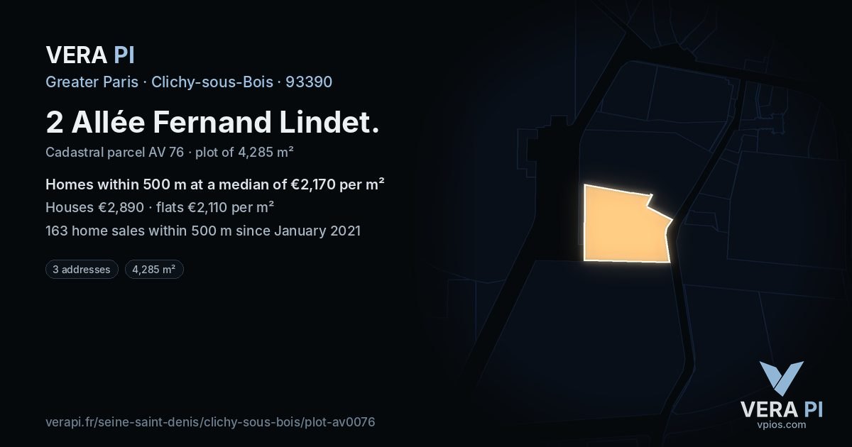 2 Allée Fernand Lindet, Clichy-sous-Bois at night – the plot lit, the parcels around coloured by the prices near them