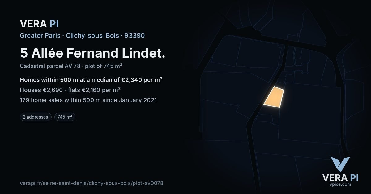5 Allée Fernand Lindet, Clichy-sous-Bois at night – the plot lit, the parcels around coloured by the prices near them