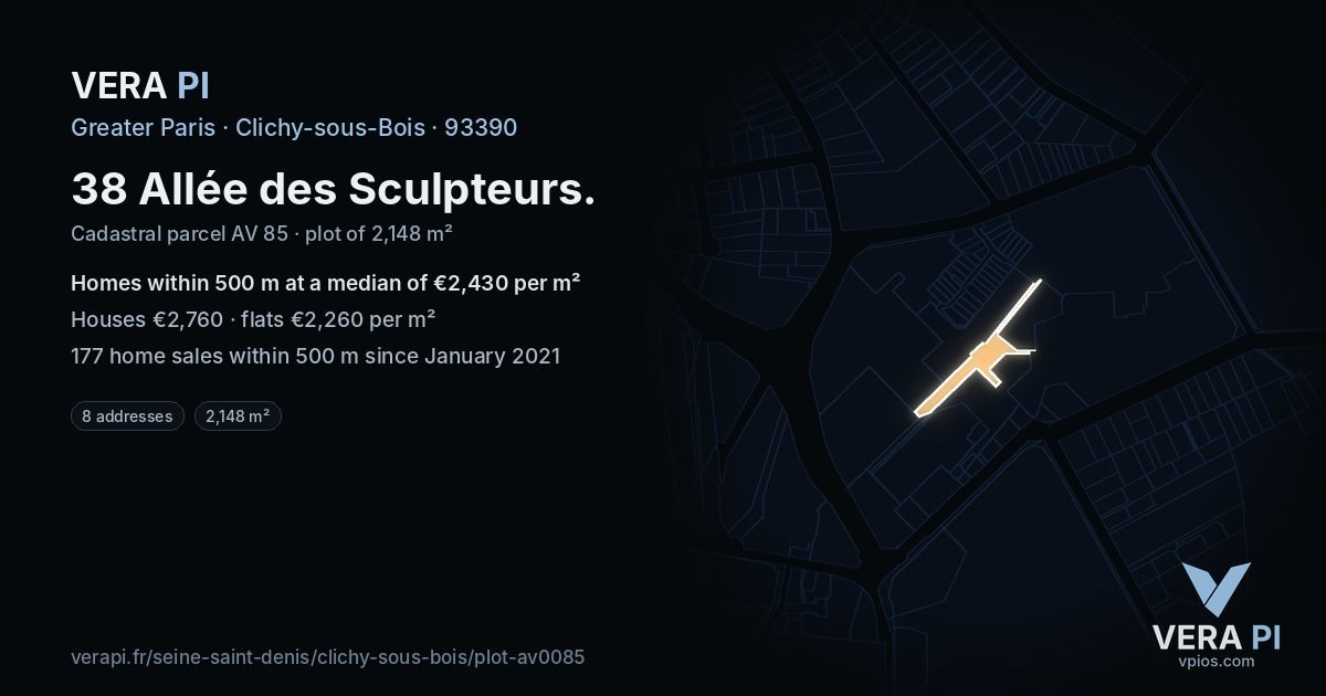 38 Allée des Sculpteurs, Clichy-sous-Bois at night – the plot lit, the parcels around coloured by the prices near them