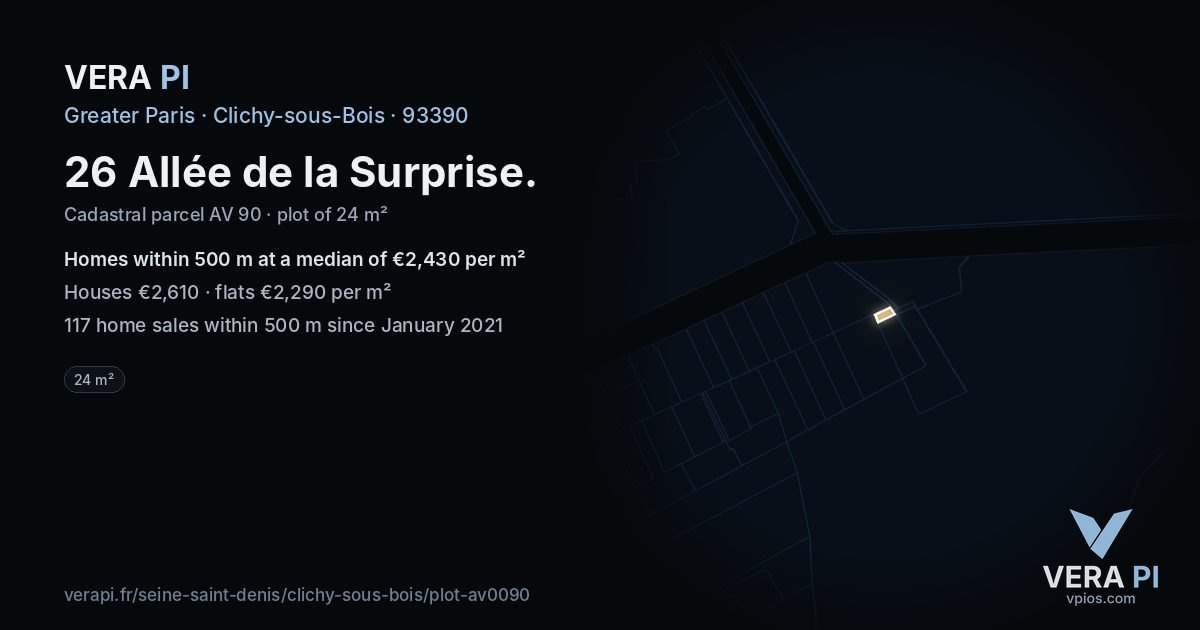 26 Allée de la Surprise, Clichy-sous-Bois at night – the plot lit, the parcels around coloured by the prices near them