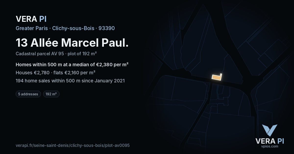 13 Allée Marcel Paul, Clichy-sous-Bois at night – the plot lit, the parcels around coloured by the prices near them