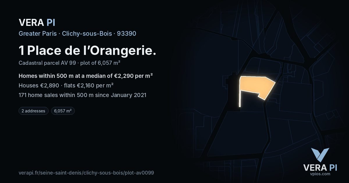 1 Place de l’Orangerie, Clichy-sous-Bois at night – the plot lit, the parcels around coloured by the prices near them