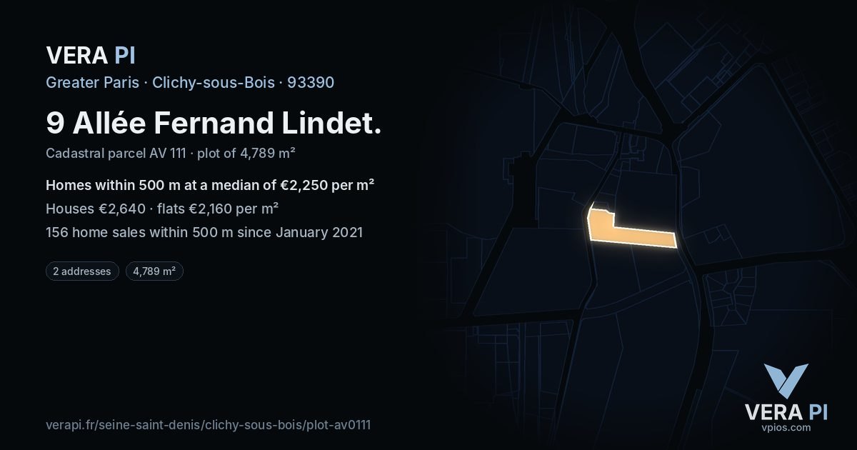 9 Allée Fernand Lindet, Clichy-sous-Bois at night – the plot lit, the parcels around coloured by the prices near them