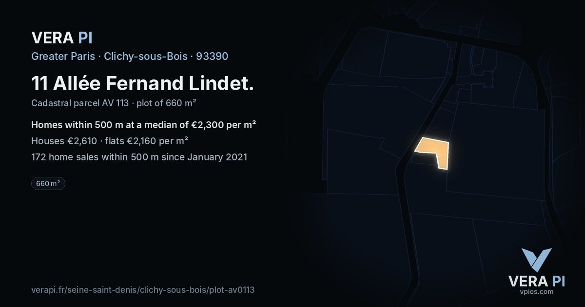 11 Allée Fernand Lindet, Clichy-sous-Bois at night – the plot lit, the parcels around coloured by the prices near them