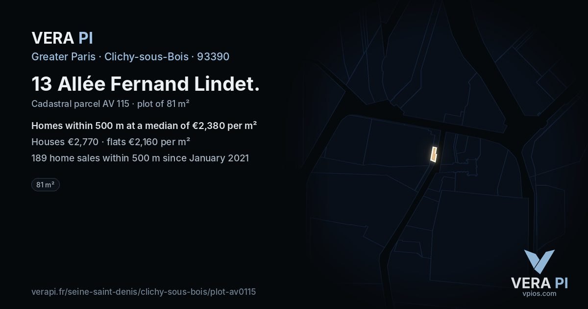 13 Allée Fernand Lindet, Clichy-sous-Bois at night – the plot lit, the parcels around coloured by the prices near them