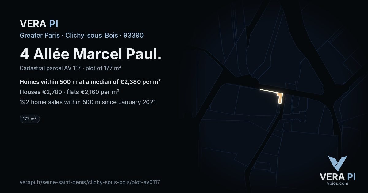 4 Allée Marcel Paul, Clichy-sous-Bois at night – the plot lit, the parcels around coloured by the prices near them