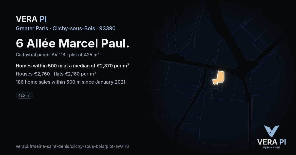 6 Allée Marcel Paul, Clichy-sous-Bois at night – the plot lit, the parcels around coloured by the prices near them