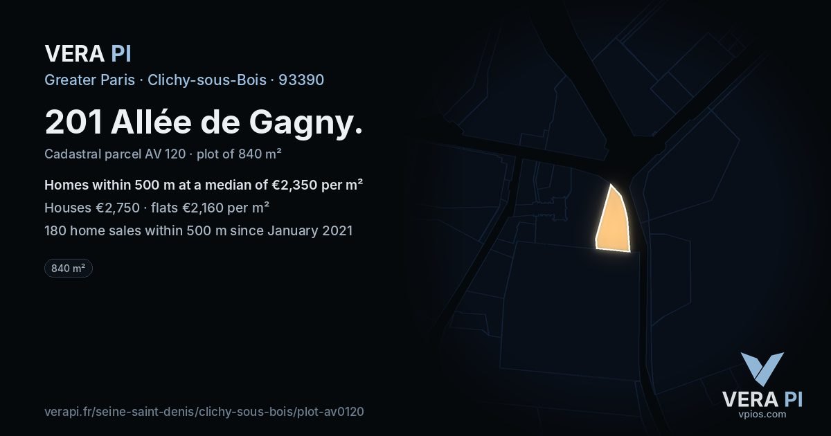 201 Allée de Gagny, Clichy-sous-Bois at night – the plot lit, the parcels around coloured by the prices near them