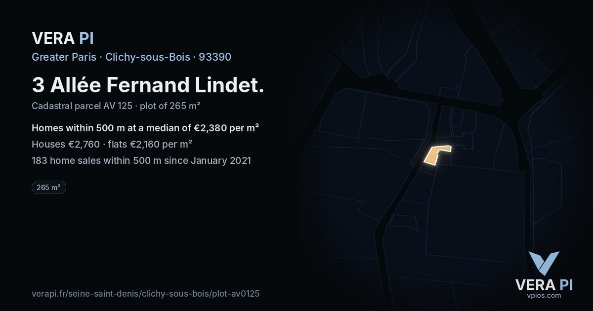 3 Allée Fernand Lindet, Clichy-sous-Bois at night – the plot lit, the parcels around coloured by the prices near them