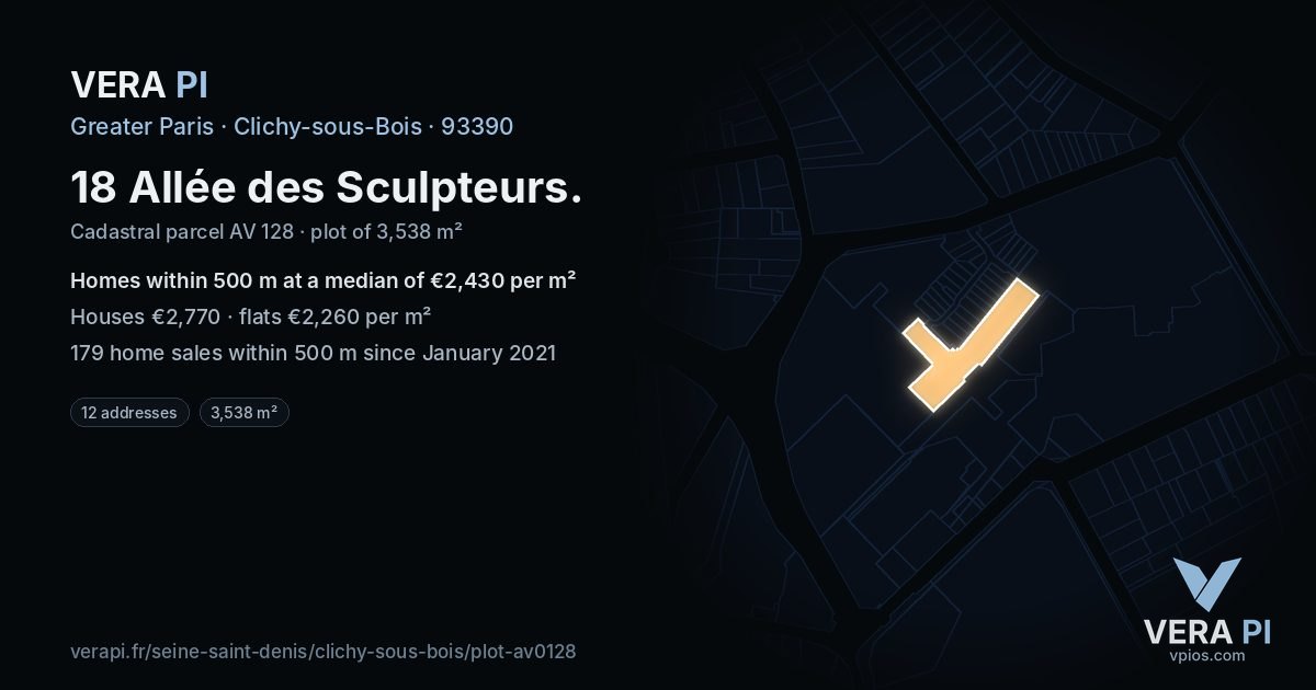 18 Allée des Sculpteurs, Clichy-sous-Bois at night – the plot lit, the parcels around coloured by the prices near them