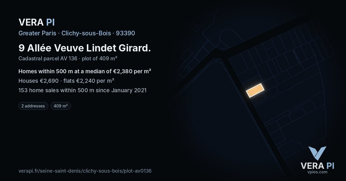 9 Allée Veuve Lindet Girard, Clichy-sous-Bois at night – the plot lit, the parcels around coloured by the prices near them