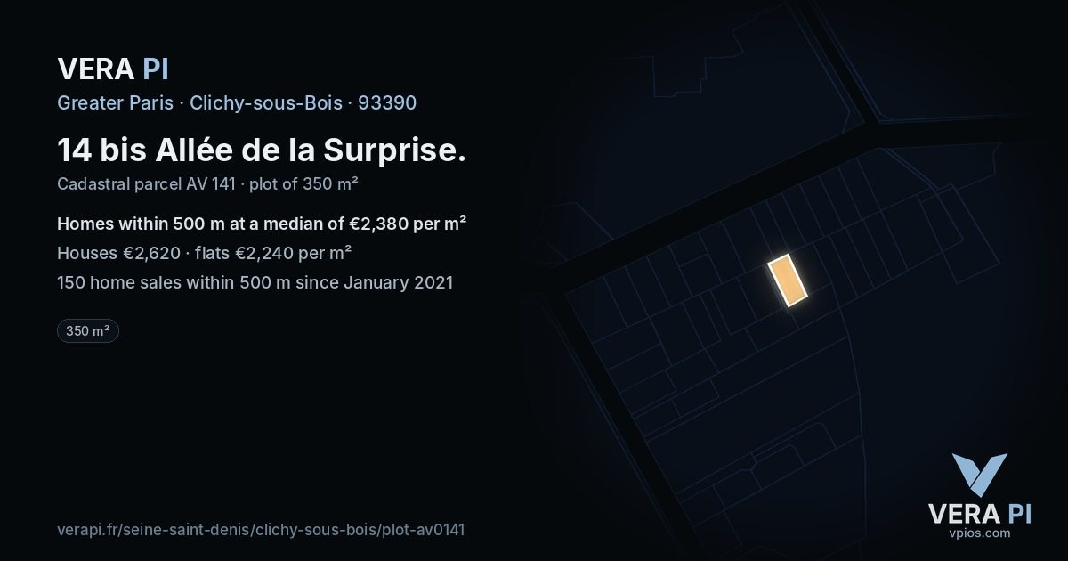 14 bis Allée de la Surprise, Clichy-sous-Bois at night – the plot lit, the parcels around coloured by the prices near them