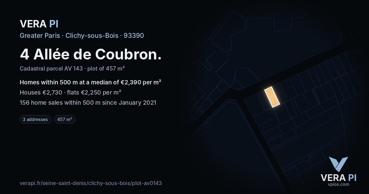 4 Allée de Coubron, Clichy-sous-Bois at night – the plot lit, the parcels around coloured by the prices near them