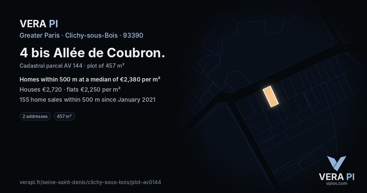 4 bis Allée de Coubron, Clichy-sous-Bois at night – the plot lit, the parcels around coloured by the prices near them