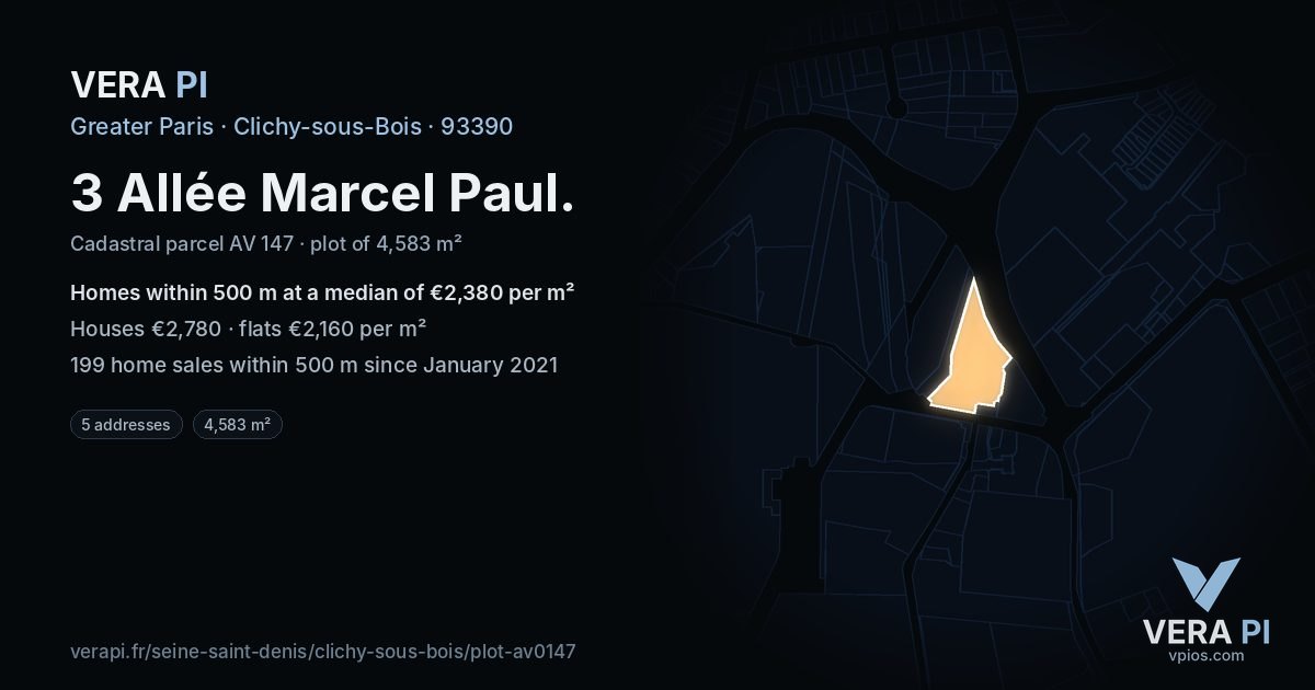 3 Allée Marcel Paul, Clichy-sous-Bois at night – the plot lit, the parcels around coloured by the prices near them