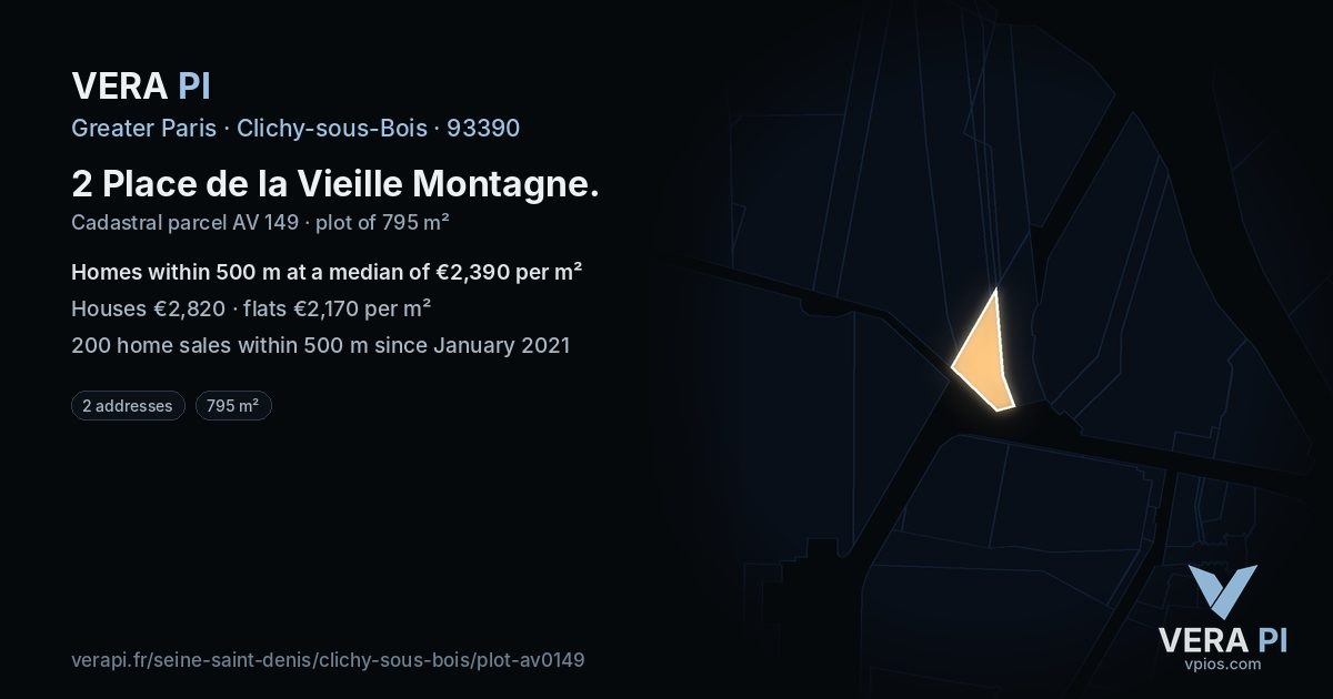 2 Place de la Vieille Montagne, Clichy-sous-Bois at night – the plot lit, the parcels around coloured by the prices near them