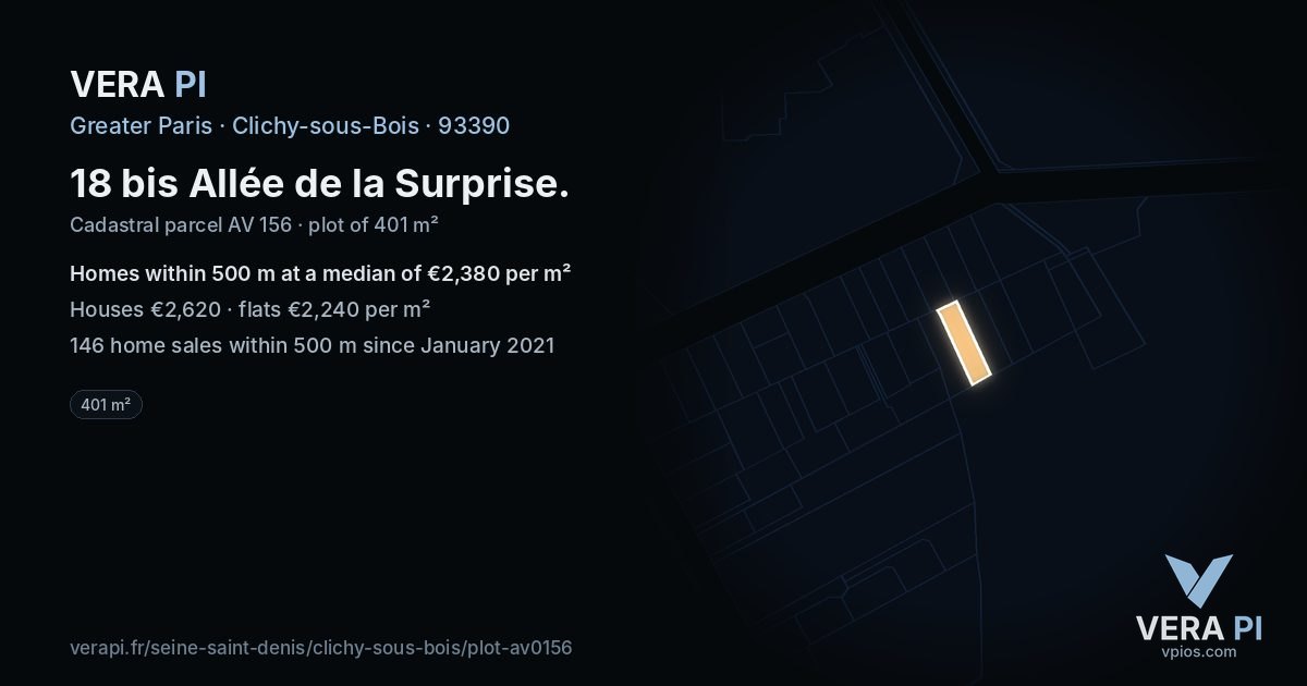 18 bis Allée de la Surprise, Clichy-sous-Bois at night – the plot lit, the parcels around coloured by the prices near them