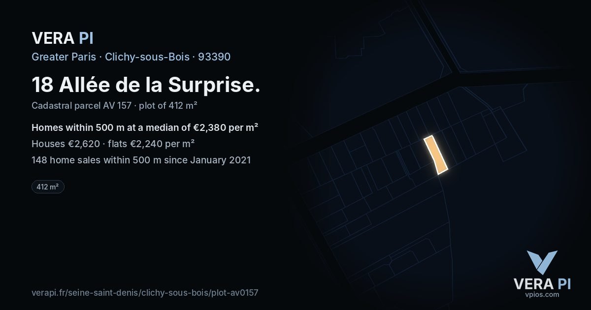 18 Allée de la Surprise, Clichy-sous-Bois at night – the plot lit, the parcels around coloured by the prices near them