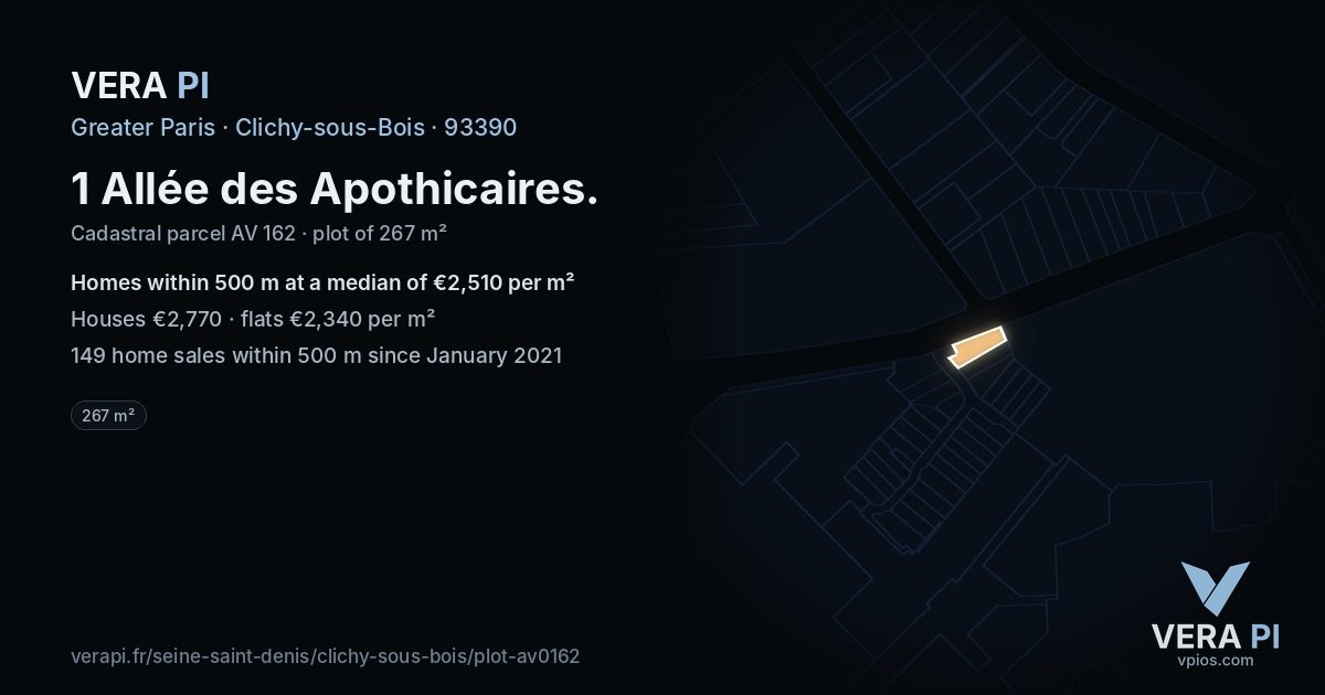 1 Allée des Apothicaires, Clichy-sous-Bois at night – the plot lit, the parcels around coloured by the prices near them
