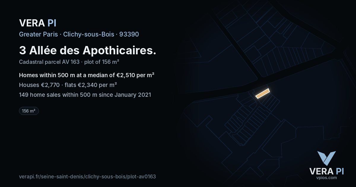 3 Allée des Apothicaires, Clichy-sous-Bois at night – the plot lit, the parcels around coloured by the prices near them
