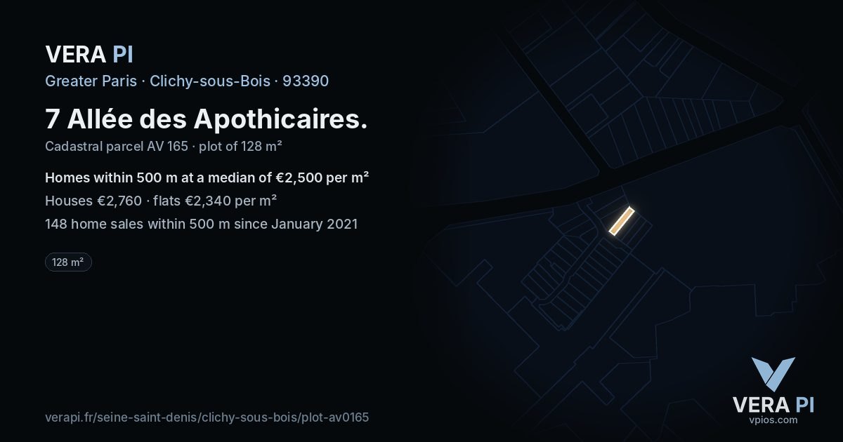 7 Allée des Apothicaires, Clichy-sous-Bois at night – the plot lit, the parcels around coloured by the prices near them
