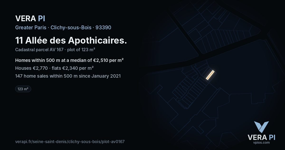 11 Allée des Apothicaires, Clichy-sous-Bois at night – the plot lit, the parcels around coloured by the prices near them