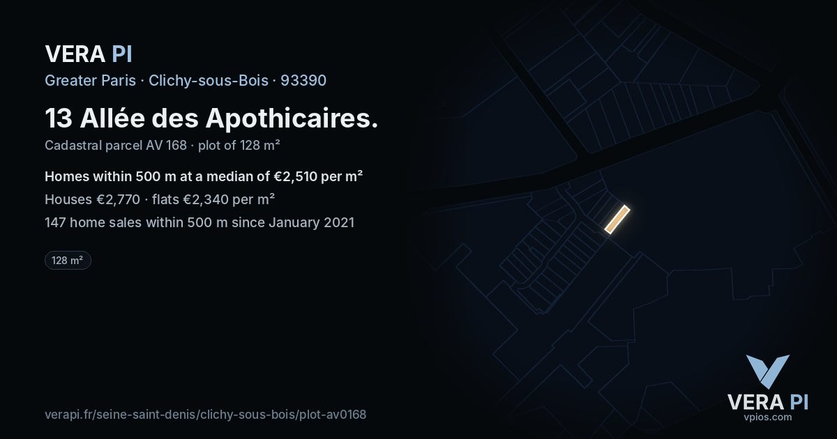 13 Allée des Apothicaires, Clichy-sous-Bois at night – the plot lit, the parcels around coloured by the prices near them