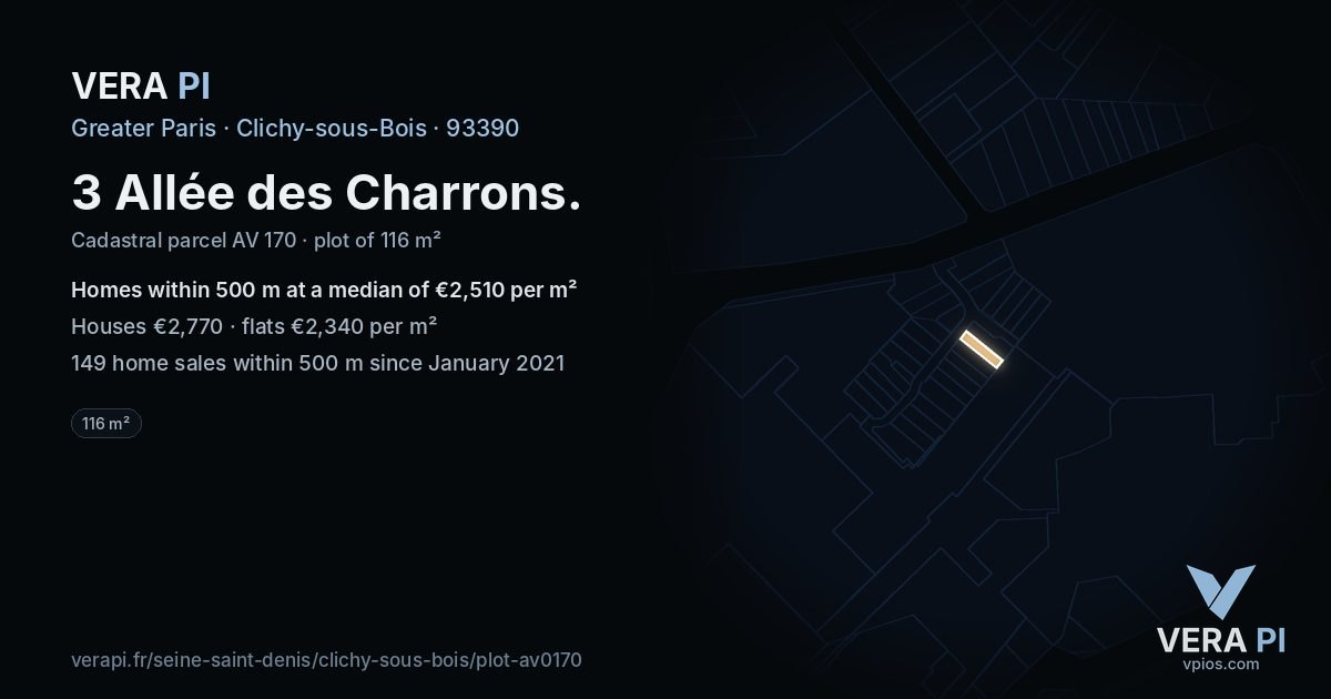 3 Allée des Charrons, Clichy-sous-Bois at night – the plot lit, the parcels around coloured by the prices near them