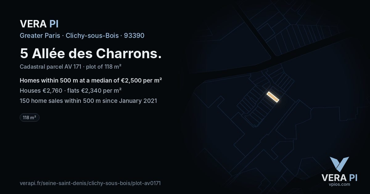 5 Allée des Charrons, Clichy-sous-Bois at night – the plot lit, the parcels around coloured by the prices near them