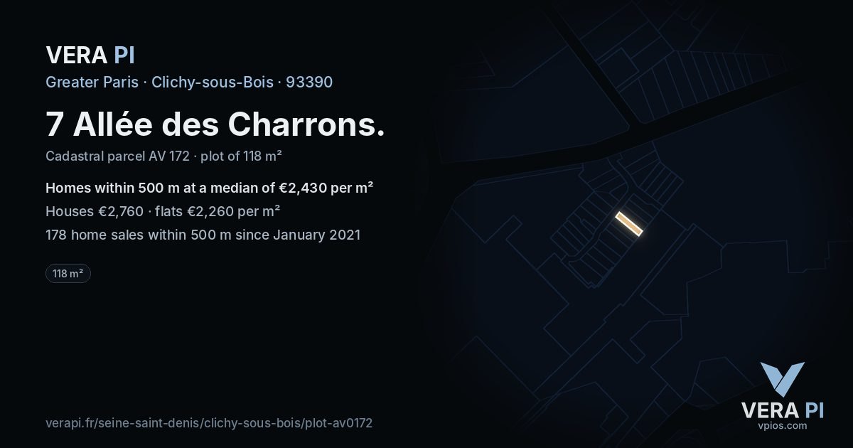 7 Allée des Charrons, Clichy-sous-Bois at night – the plot lit, the parcels around coloured by the prices near them