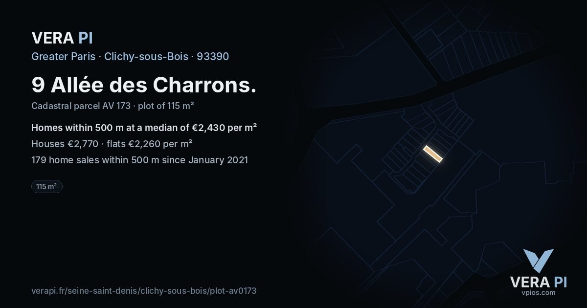 9 Allée des Charrons, Clichy-sous-Bois at night – the plot lit, the parcels around coloured by the prices near them