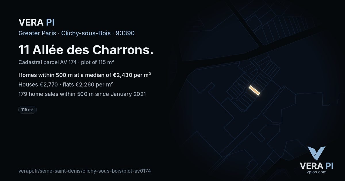 11 Allée des Charrons, Clichy-sous-Bois at night – the plot lit, the parcels around coloured by the prices near them