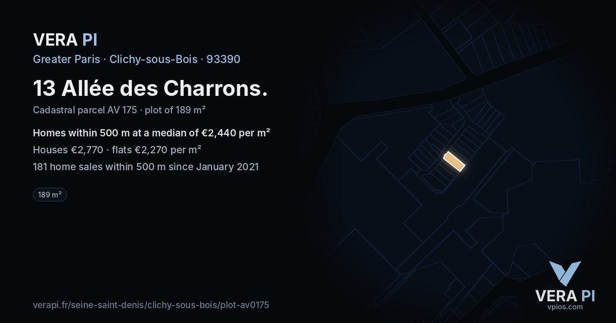 13 Allée des Charrons, Clichy-sous-Bois at night – the plot lit, the parcels around coloured by the prices near them