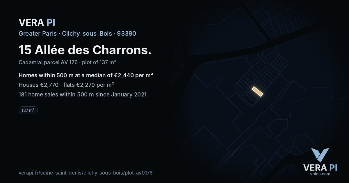 15 Allée des Charrons, Clichy-sous-Bois at night – the plot lit, the parcels around coloured by the prices near them