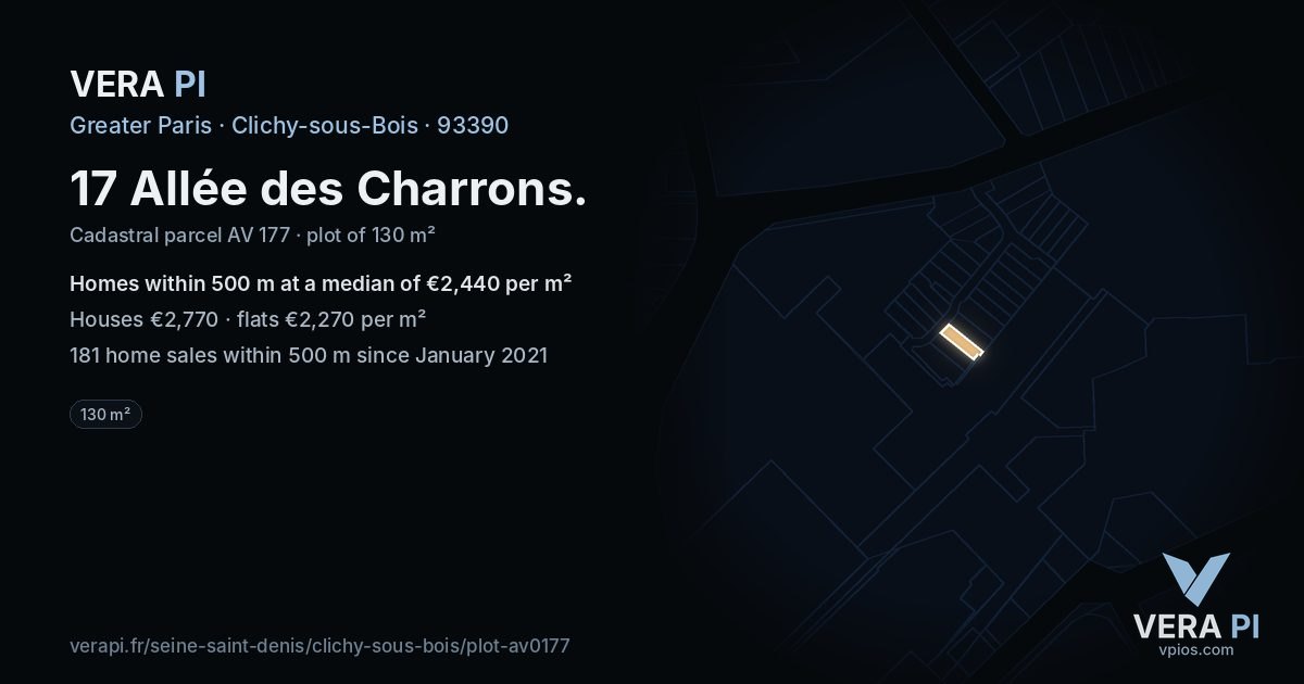 17 Allée des Charrons, Clichy-sous-Bois at night – the plot lit, the parcels around coloured by the prices near them