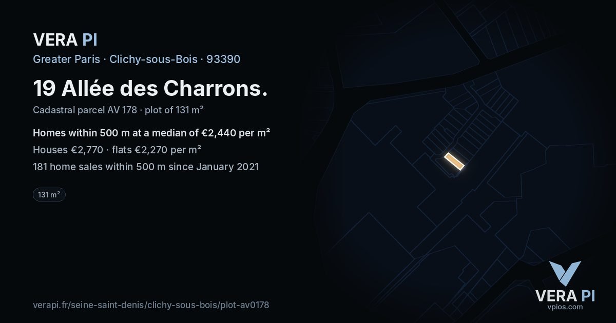 19 Allée des Charrons, Clichy-sous-Bois at night – the plot lit, the parcels around coloured by the prices near them