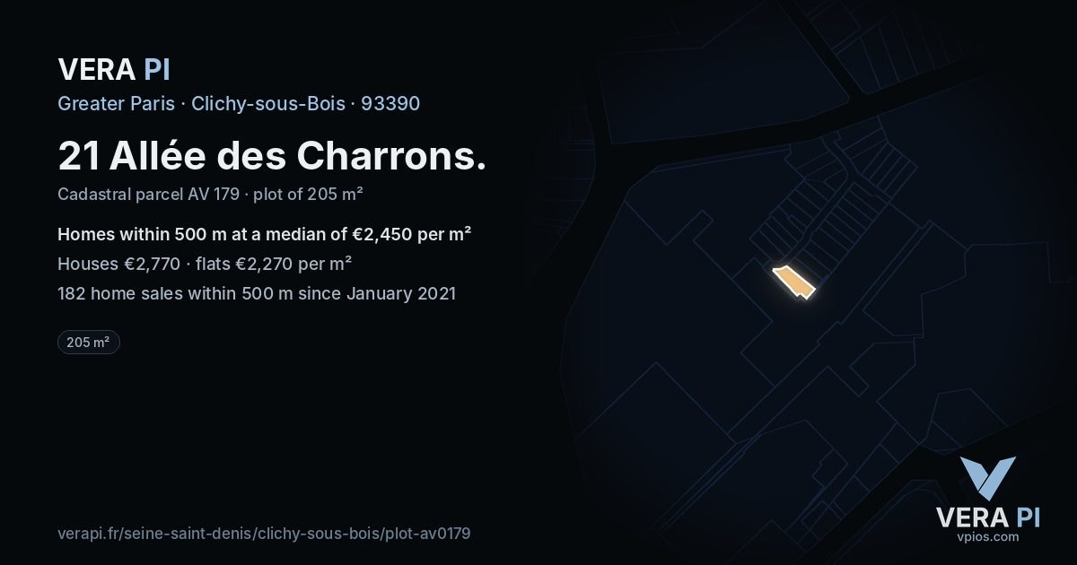 21 Allée des Charrons, Clichy-sous-Bois at night – the plot lit, the parcels around coloured by the prices near them