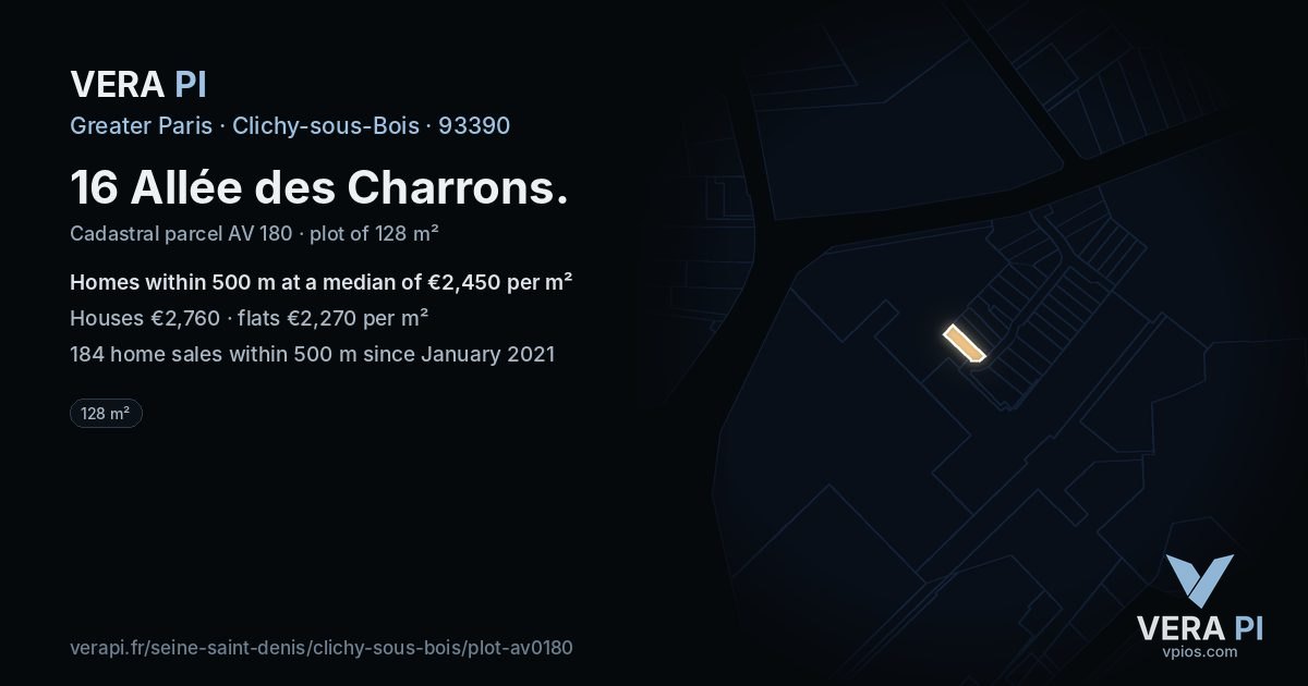 16 Allée des Charrons, Clichy-sous-Bois at night – the plot lit, the parcels around coloured by the prices near them